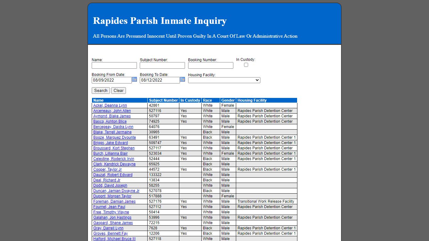 Rapides Parish Inmate Search